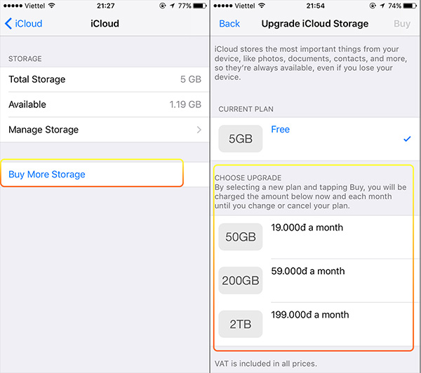 Mua thêm dung lượng lưu trữ trên iCloud