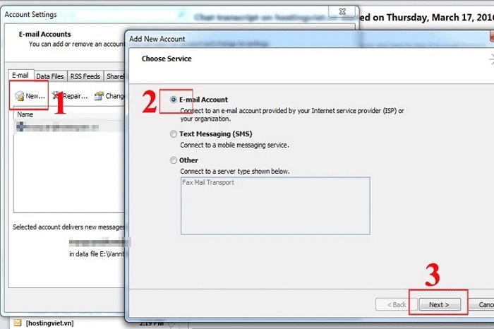 Chọn New/ E-mail Account/ Next
