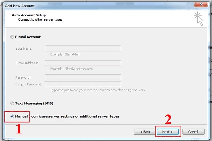 Chọn Manually configure server settings or additional server types > Next