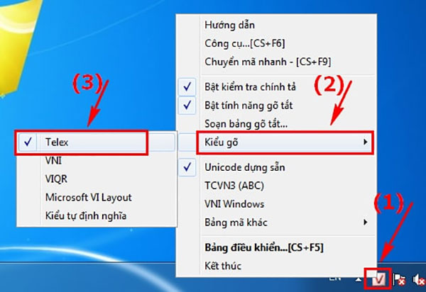 Chọn Kiểu gõ >> chọn Telex