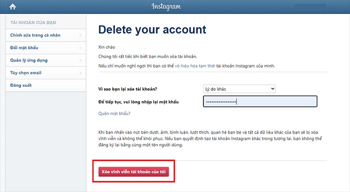 Xác nhận mật khẩu trước khi xóa vĩnh viễn tài khoản
