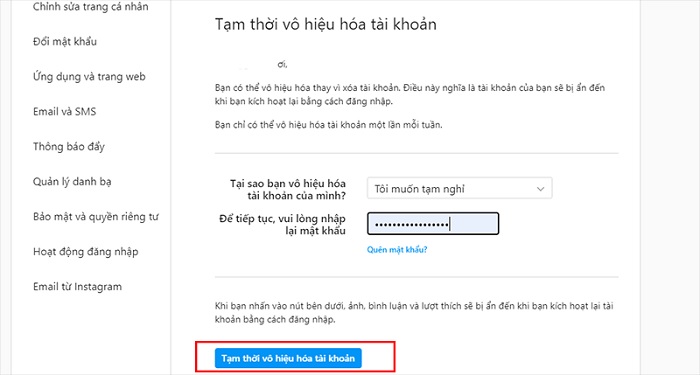 Chọn lý do và xác nhận lần cuối cùng trước khóa tạm thời vô hiệu khóa tài khoản