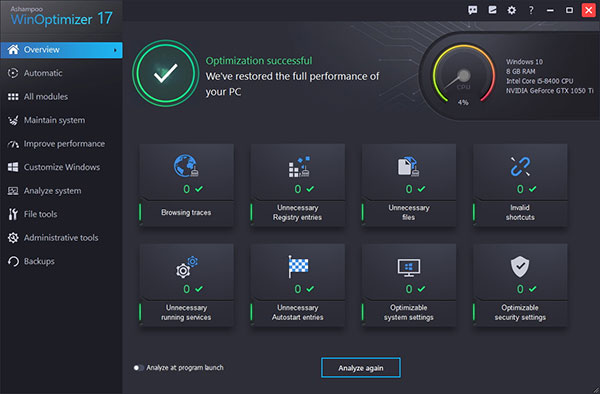 Phần mềm Ashampoo WinOptimizer rất dễ sử dụng