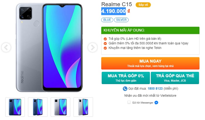 Với mức bán chính thức chỉ 4.190.000 đồng, Realme C15 chính thức lên kệ tại Viettel Store còn đi kèm ưu đãi hấp dẫn