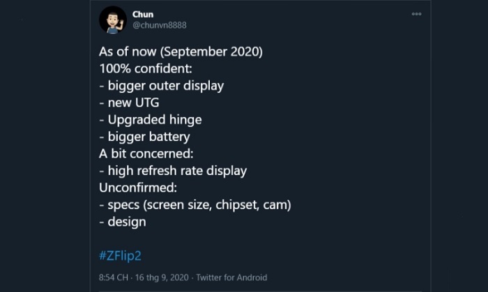 Cấu hình Galaxy Z Flip 2 được tiết lộ bởi tài khoản Twitter có tên Chun