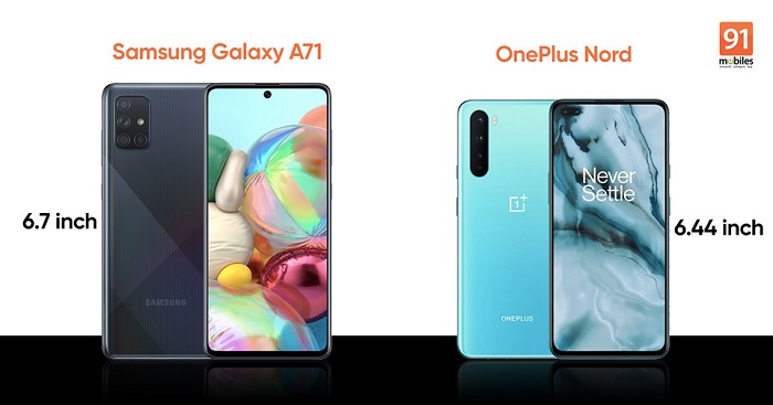 Galaxy A71 6.7 inch có màn hình lớn hơn so với OnePlus Nord 6.44 inch