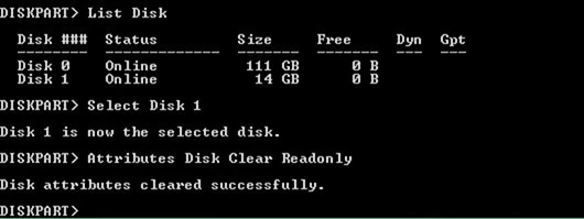 Nhập lệnh Attributes Disk Clear Readonly