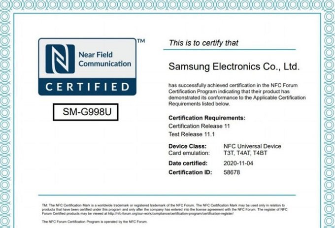 Giấy chứng nhận NFC dành cho Galaxy S21 Ultra