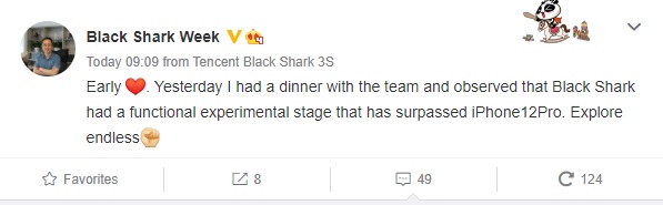 Giám đốc điều hành của công ty Luo Yuzhou đã tuyên bố trên Weibo, tính năng của Black Shark mới đã vượt qua cả iPhone 12 Pro