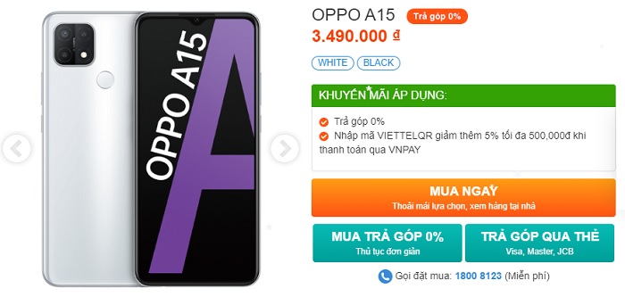 Giảm ngay 400.000 đồng giá chỉ còn 3.490.000 đồng khi mua OPPO A15 từ 20/12-31/12/2020