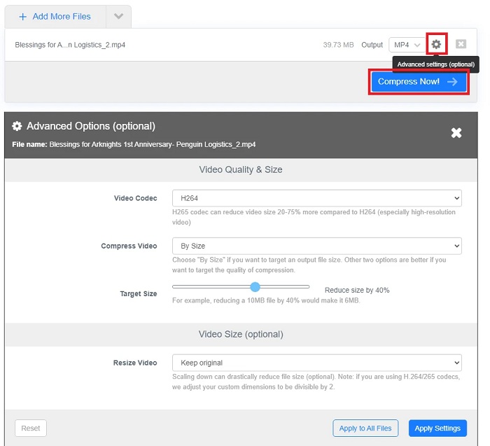 Chọn kích thước video muốn nén và nhấn Compress Now