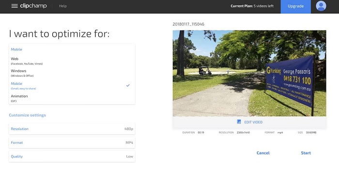 Giao diện Ứng dụng Clipchamp Utilities nén video