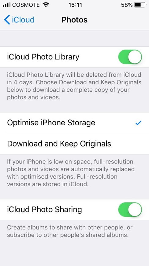 Chọn Optimise iPhone Storage để tối ưu hóa không gian lưu trữ