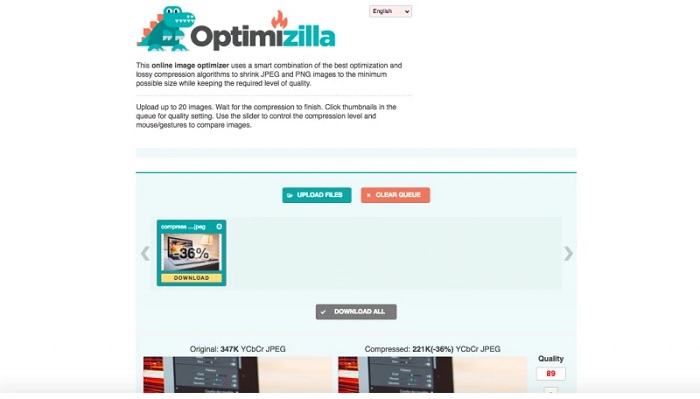 Giao diện công cụ Optimizilla