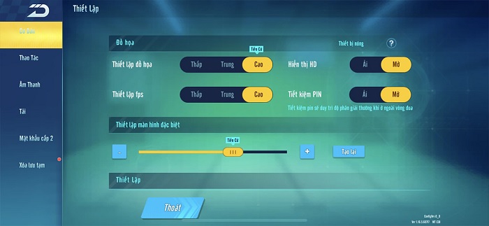 Setup cấu hình trong ZingSpeed Mobile