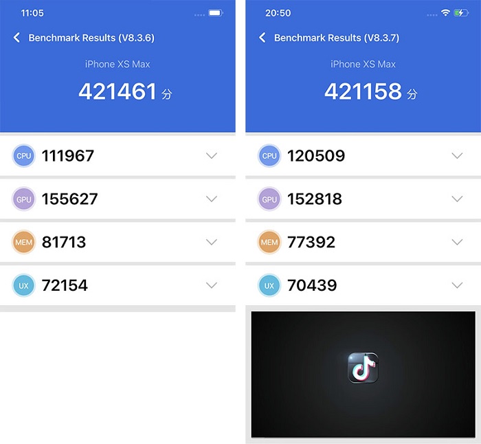 Điểm hiệu năng iPhone XS Max iOS 14.2 bên phải và iOS 14.1 bên trái