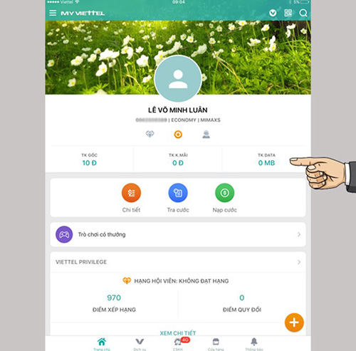 Giao diện ứng dụng My Viettel sau khi đăng nhập.