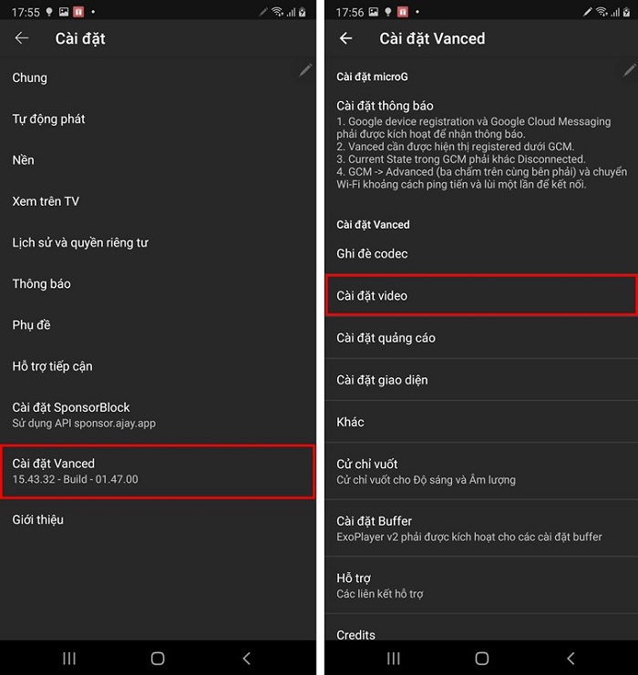 Chọn cài đặt Vanced