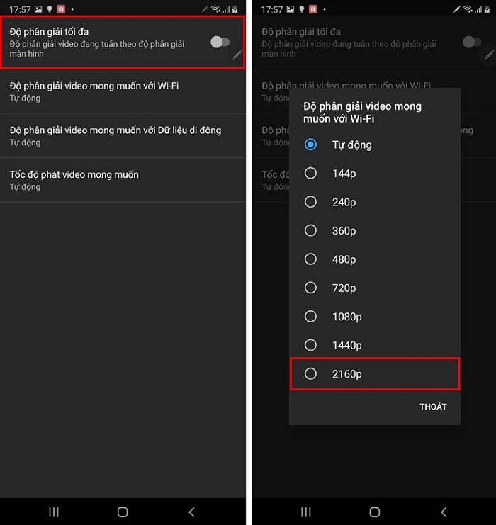Chọn 2160p để xem video 4k
