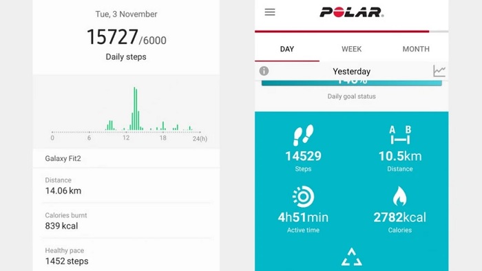 Giao diện thống kê các hoạt động thể dục trên điện thoại nhờ ứng dụng Samsung Health