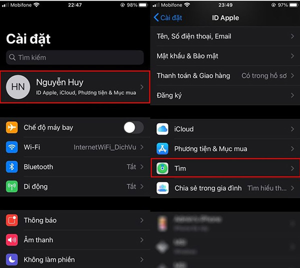 Bật Tìm iPhone như trong giao diện