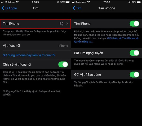 Bật Tìm khi gạt sang phải và hiển thị màu xanh