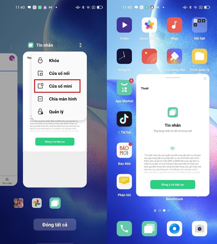 Kích hoạt tính năng này bằng cách: chọn Đa nhiệm -> chọn ứng dụng muốn kích hoạt tính năng cửa sổ thả nổi -> chọn dấu 3 chấm -> chọn cửa sổ thả nổi hoặc cửa sổ mini