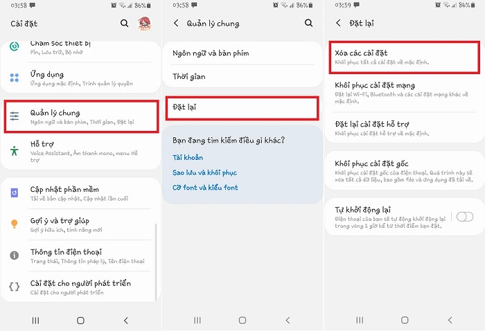 Xóa các cài đặt