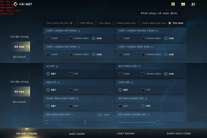 Thông số thiết lập khi chơi