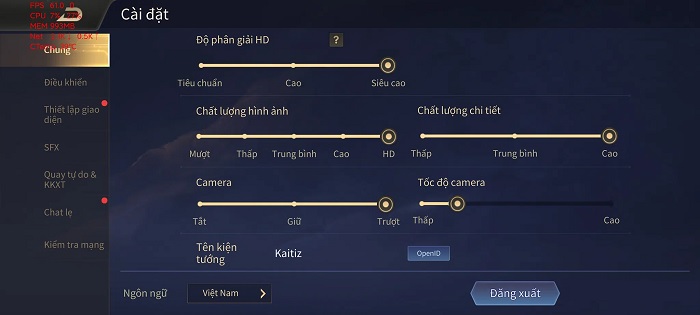 Thông số thiết lập của trò chơi