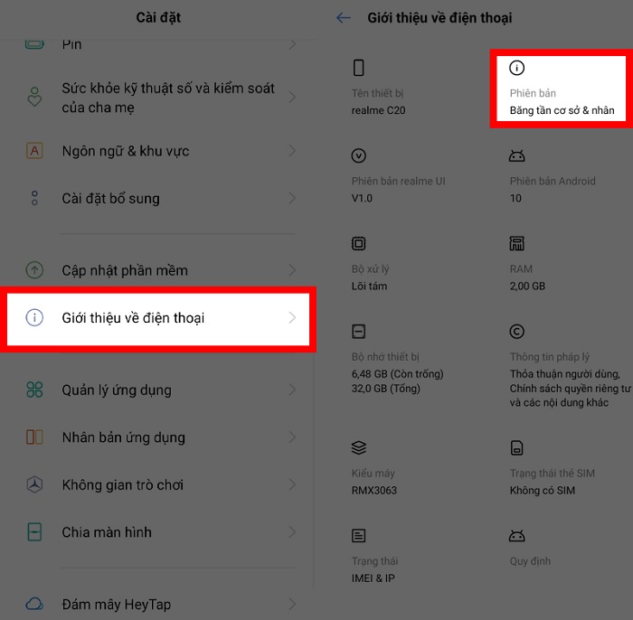 Vào cài đặt -> chọn mục Giới thiệu điện thoại -> chọn phiên bản để tiếp tục