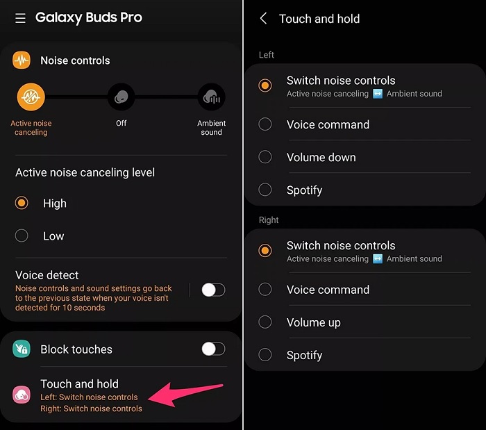 Thiết lập chạm và giữ cho từng tai nghe