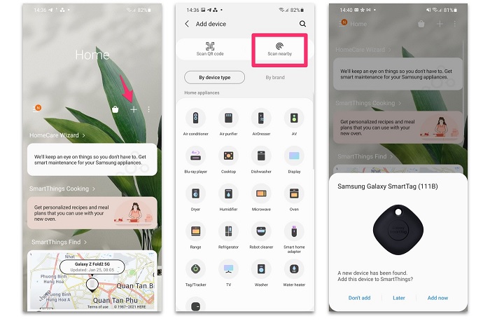 Nếu kết nối Galaxy SmartTag thông qua ứng dụng SmartThings, các bạn hãy chọn vào dấu “+” -> chọn Scan Nearby sau đó thiết bị sẽ tự động nhận biết và kết nối với SmartTag