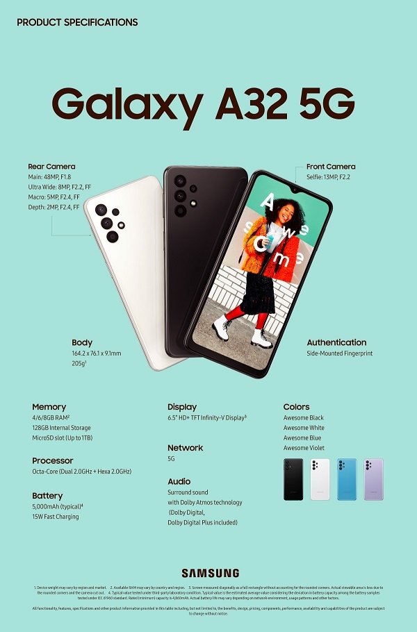 Thông số cấu hình cho biết Galaxy A32 5G được trang bị công nghệ âm thanh vòm Dolby Atmos