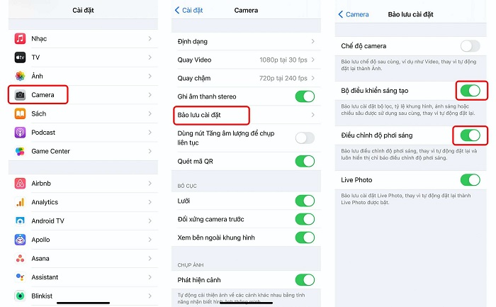 Kích hoạt bằng cách vào “Cài đặt” -> chọn “Camera” -> chọn “Bảo lưu cài đặt” -> bật “Bộ điều khiển sáng tạo” và “Điều chỉnh độ phơi sáng”