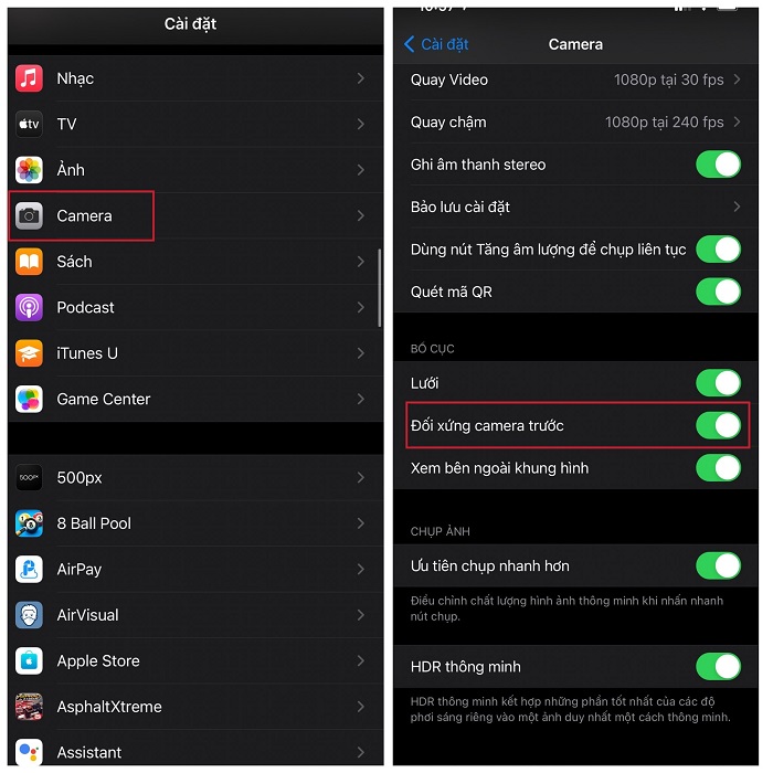 Cài đặt tính năng tự phản chiếu ảnh selfie