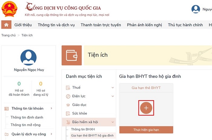 Chọn Gia hạn thẻ BHYT hộ gia đình trong mục Tiện ích