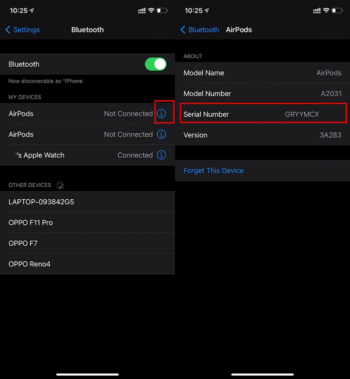 cách kiểm tra serial của AirPods
