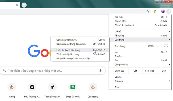 Chọn hiển thị thanh dấu trang trên Google Chrome