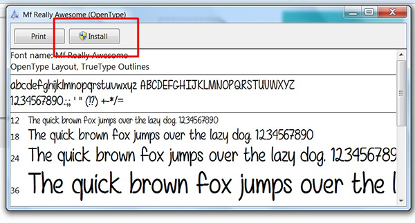 Chọn Install để cài đặt font chữ