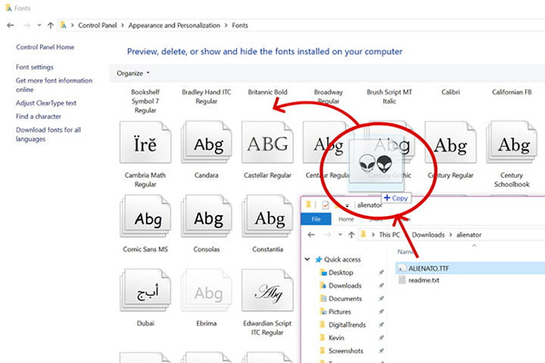 Kéo thả file font từ cửa sổ sang cửa sổ khác