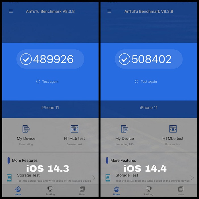 Đo điểm hiệu năng qua AnTuTu trên iPhone 11 với iOS 14.3 (bên trái) và ở iOS 14.4 (bên phải)