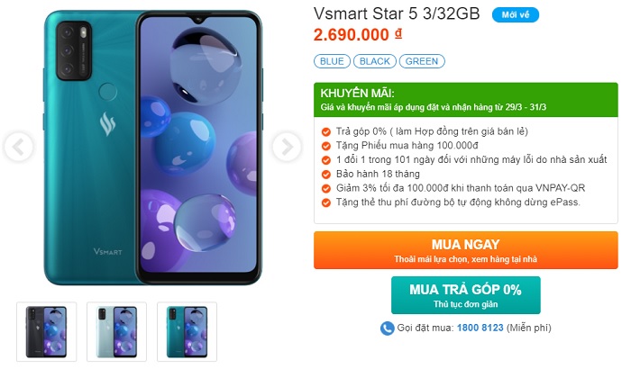 Mua Vsmart Star 5 nhận ưu đãi hấp dẫn tại Viettel Store
