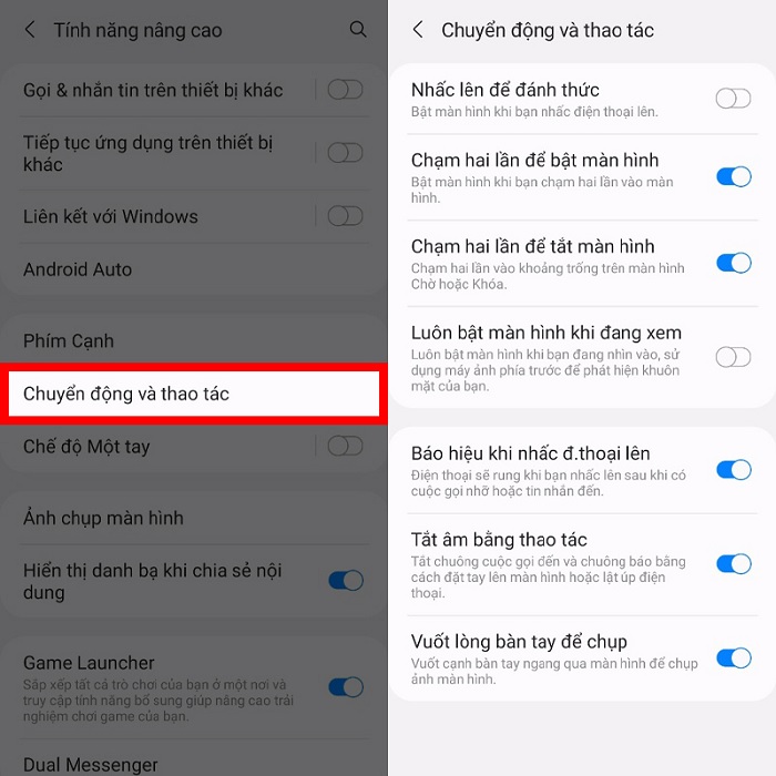 Cài đặt các tiện ích cử chỉ