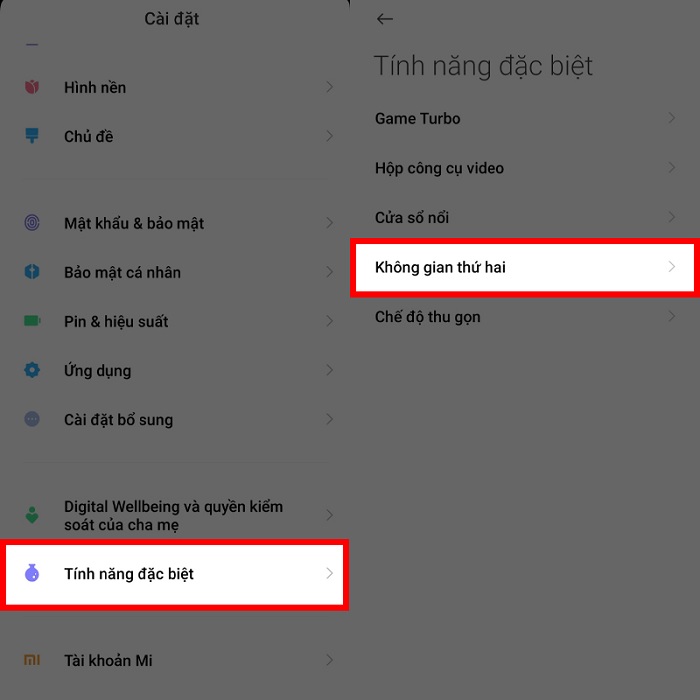 Cài đặt không gian thứ hai