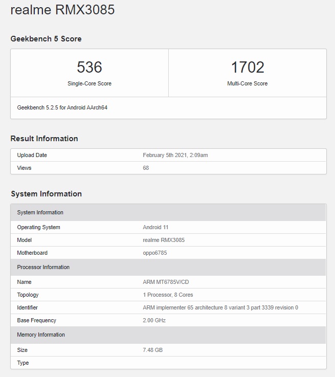 Điểm đơn nhân và đa nhân Realme 8 trên Geekbench