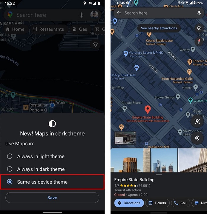 Chế độ Dark Mode trên Google Maps