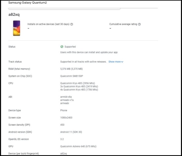 Thông tin Galaxy A82 được tìm thấy trên Google Play Console