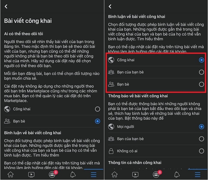 Lựa chọn đối tượng comment