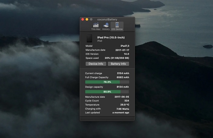 Kiểm tra pin iPad bằng ứng dụng coconutBattery